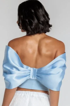 Off Shoulder Back Satin Bow Scuba Corset - Light Blue by Goddiva