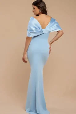 Off Shoulder Back Satin Bow Scuba Maxi Dress - Light Blue by Goddiva
