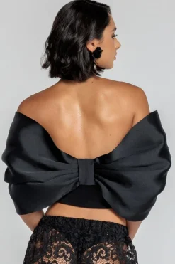 Off Shoulder Back Satin Bow Scuba Corset - Black by Goddiva