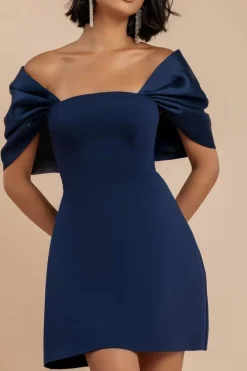 Off Shoulder Back Satin Bow Scuba Mini Dress - Navy Blue by Goddiva