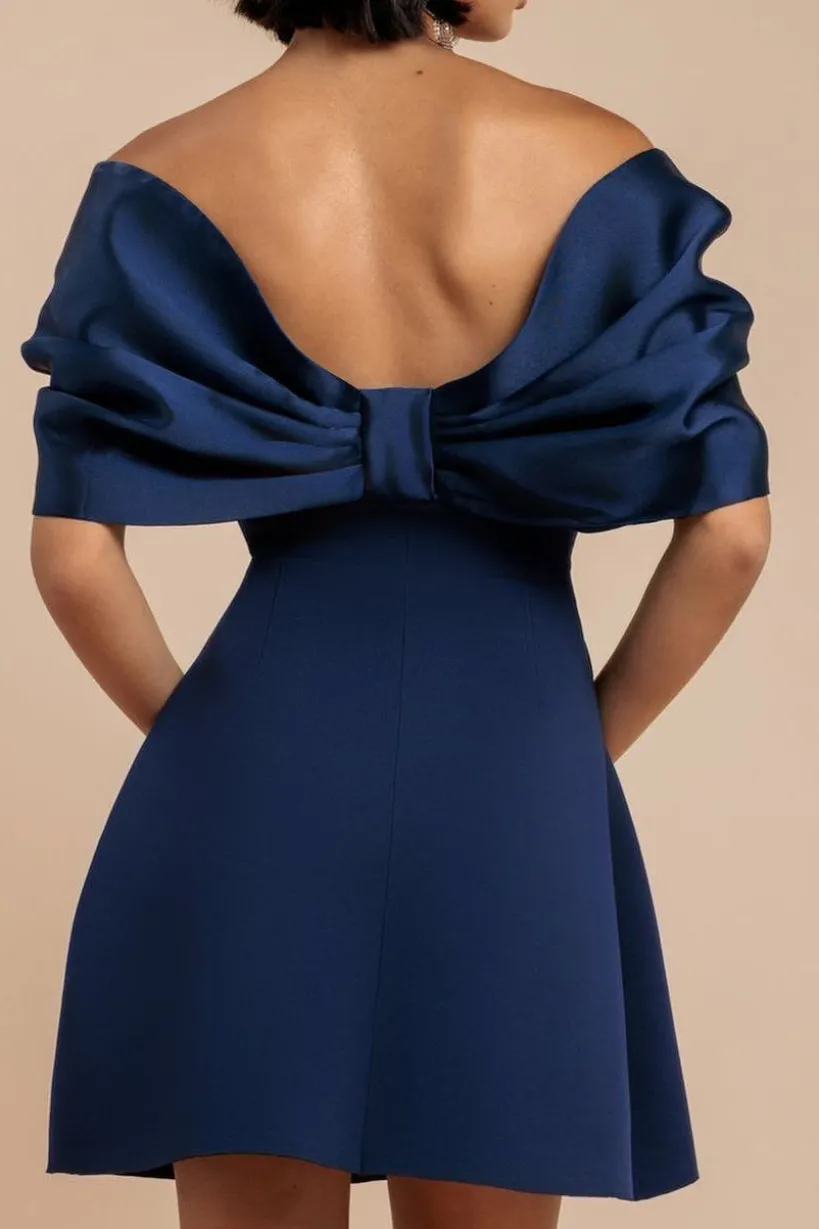 Off Shoulder Back Satin Bow Scuba Mini Dress - Navy Blue by Goddiva