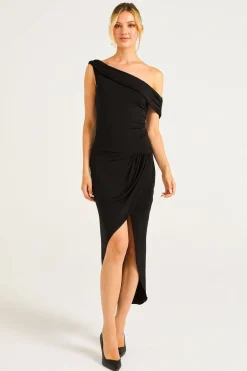 Off Shoulder Faux Wrap Dress With Leg Slit by Angeleye