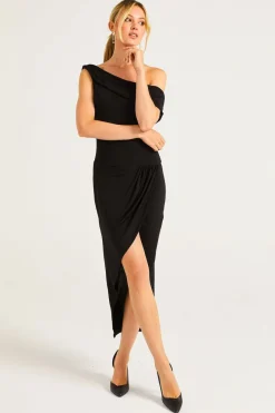 Off Shoulder Faux Wrap Dress With Leg Slit by Angeleye