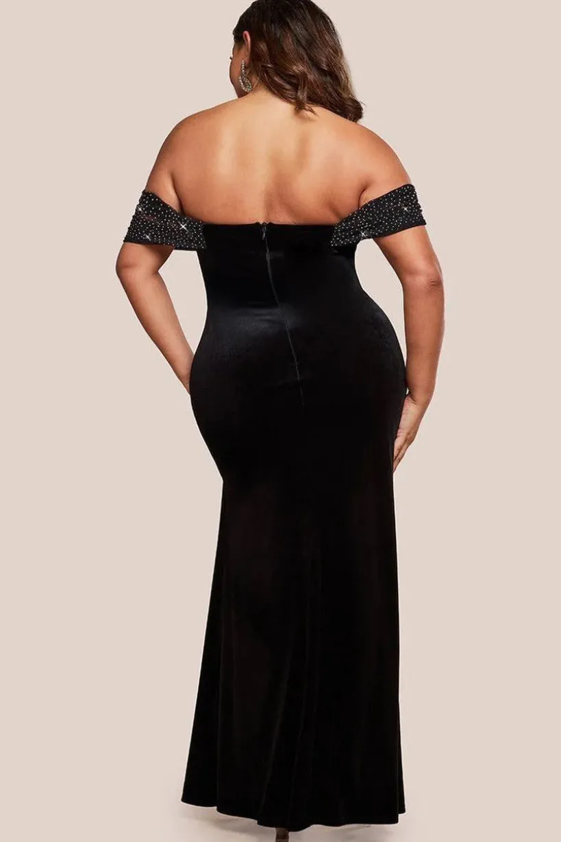 Off Shoulder Hotfix Diamante Wing Velvet Maxi Dress - Black by Goddiva Plus