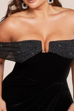 Off Shoulder Hotfix Diamante Wing Velvet Maxi Dress - Black by Goddiva Plus