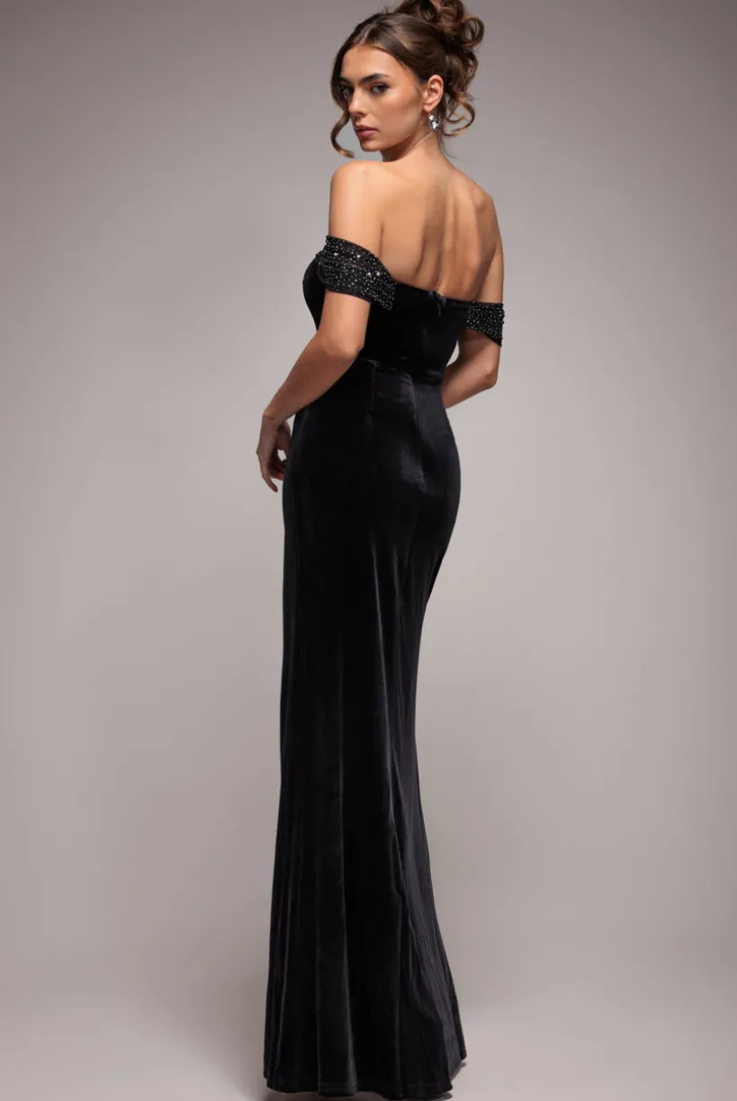 Off Shoulder Hotfix Diamante Wing Velvet Maxi Dress - Black by Goddiva