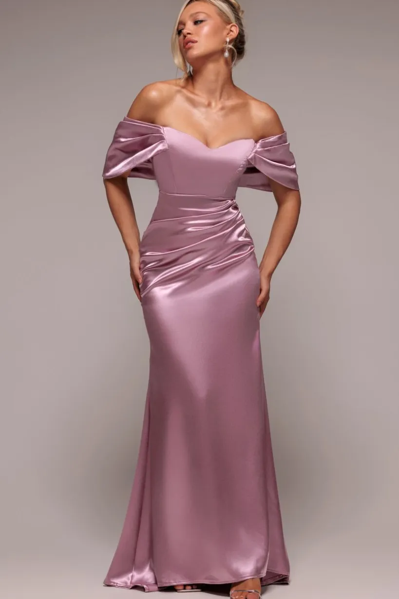 Off Shoulder Satin Maxi With V Neck - Rosepink by Goddiva