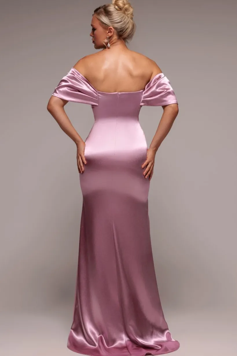 Off Shoulder Satin Maxi With V Neck - Rosepink by Goddiva