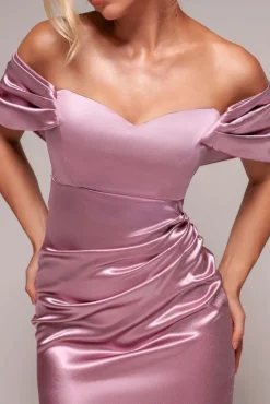 Off Shoulder Satin Maxi With V Neck - Rosepink by Goddiva