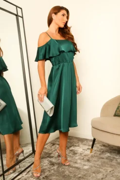 Off Shoulder Satin Midi Dress by Double Second