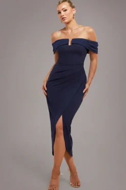 Off The Shoulder Chiffon Wing Scuba Crepe Midi Dress - Navy Blue by Goddiva