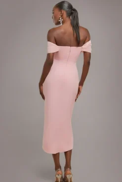 Off The Shoulder Chiffon Wing Scuba Crepe Midi Dress - Blush Pink by Goddiva