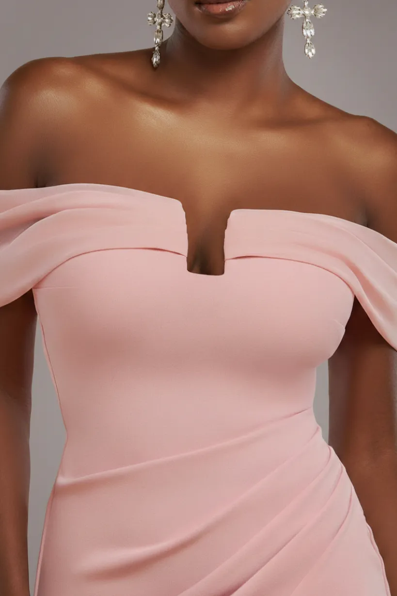Off The Shoulder Chiffon Wing Scuba Crepe Midi Dress - Blush Pink by Goddiva