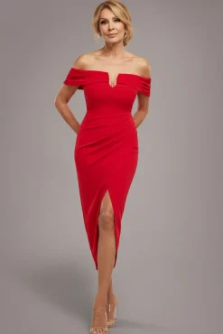 Off The Shoulder Chiffon Wing Scuba Crepe Midi Dress - Red by Goddiva