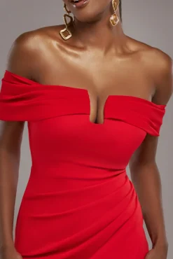 Off The Shoulder Chiffon Wing Scuba Crepe Midi Dress - Red by Goddiva