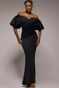 Off The Shoulder 3D Puffed Sleeve Sweetheart Maxi Dress - Black by Goddiva
