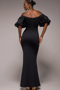 Off The Shoulder 3D Puffed Sleeve Sweetheart Maxi Dress - Black by Goddiva