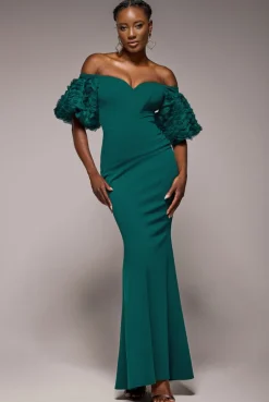 Off The Shoulder 3D Puffed Sleeve Sweetheart Maxi Dress - Emerald Green by Goddiva