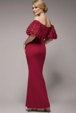 Off The Shoulder 3D Puffed Sleeve Sweetheart Maxi Dress - Burgundy by Goddiva