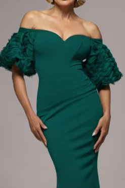 Off The Shoulder 3D Puffed Sleeve Sweetheart Maxi Dress - Emerald Green by Goddiva
