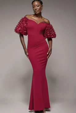 Off The Shoulder 3D Puffed Sleeve Sweetheart Maxi Dress - Burgundy by Goddiva