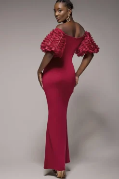 Off The Shoulder 3D Puffed Sleeve Sweetheart Maxi Dress - Burgundy by Goddiva