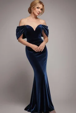 Off The Shoulder Deep Plunge Velvet Maxi Dress - Navy Blue by Goddiva