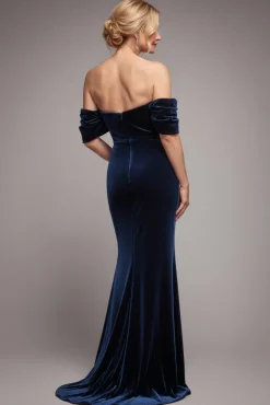 Off The Shoulder Deep Plunge Velvet Maxi Dress - Navy Blue by Goddiva
