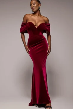 Off The Shoulder Deep Plunge Velvet Maxi Dress - Burgundy by Goddiva