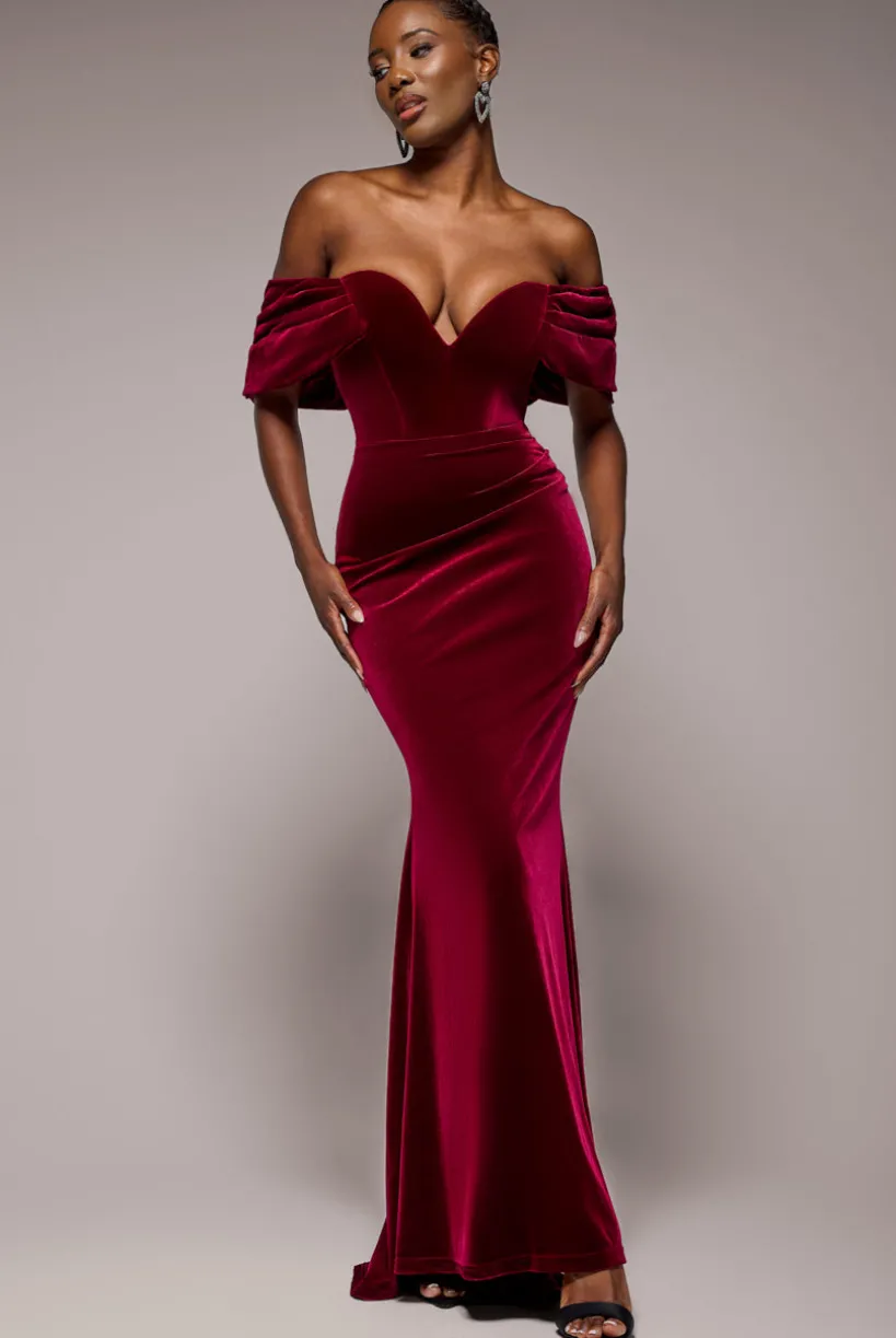 Off The Shoulder Deep Plunge Velvet Maxi Dress - Burgundy by Goddiva