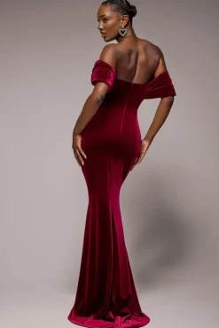 Off The Shoulder Deep Plunge Velvet Maxi Dress - Burgundy by Goddiva