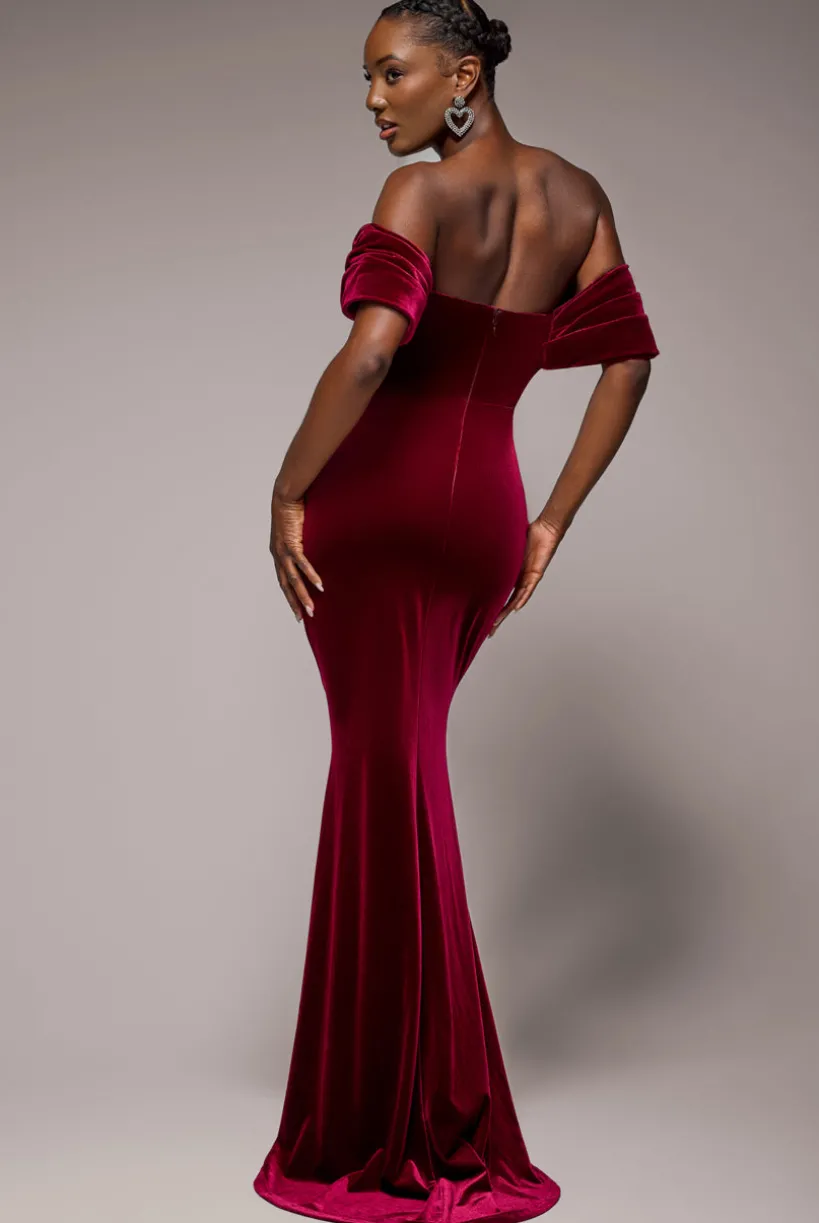 Off The Shoulder Deep Plunge Velvet Maxi Dress - Burgundy by Goddiva