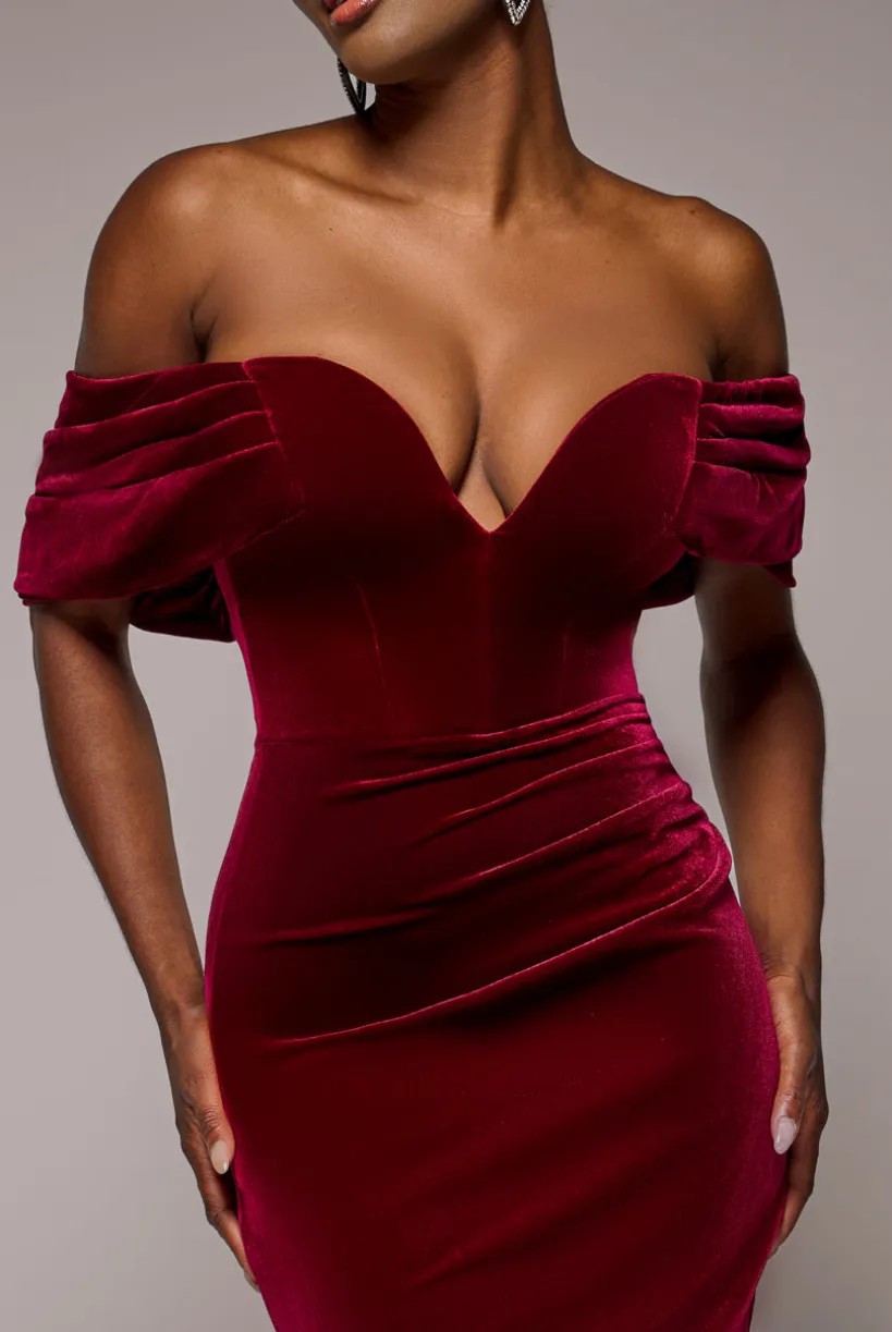 Off The Shoulder Deep Plunge Velvet Maxi Dress - Burgundy by Goddiva