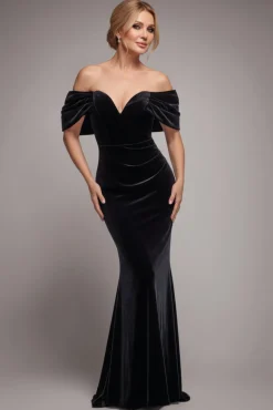 Off The Shoulder Deep Plunge Velvet Maxi Dress - Black by Goddiva