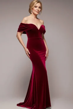 Off The Shoulder Deep Plunge Velvet Maxi Dress - Burgundy by Goddiva