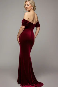 Off The Shoulder Deep Plunge Velvet Maxi Dress - Burgundy by Goddiva