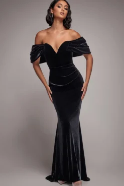 Off The Shoulder Deep Plunge Velvet Maxi Dress - Black by Goddiva