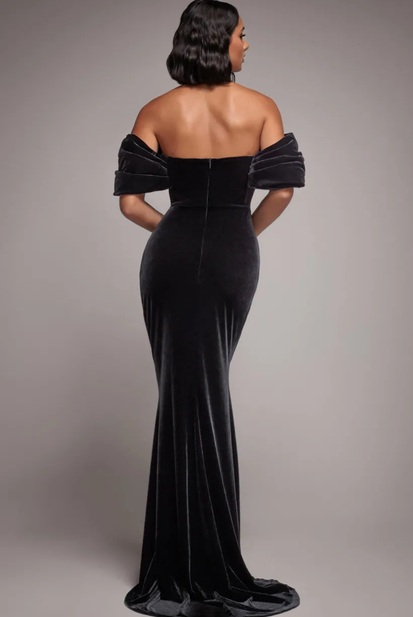 Off The Shoulder Deep Plunge Velvet Maxi Dress - Black by Goddiva