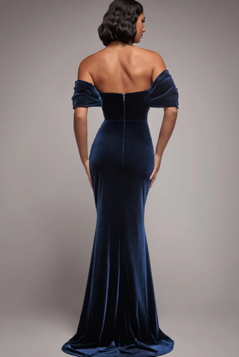 Off The Shoulder Deep Plunge Velvet Maxi Dress - Navy Blue by Goddiva