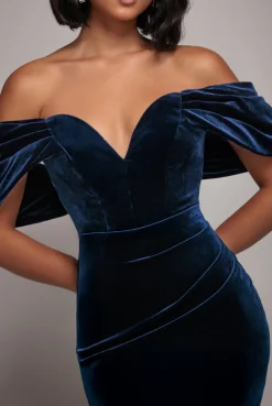Off The Shoulder Deep Plunge Velvet Maxi Dress - Navy Blue by Goddiva