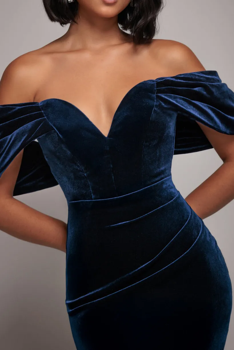 Off The Shoulder Deep Plunge Velvet Maxi Dress - Navy Blue by Goddiva