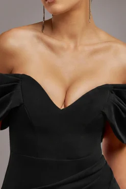 Off The Shoulder Draped Sleeve Maxi Dress - Black by Goddiva