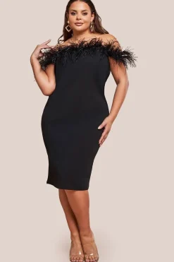Off The Shoulder Feather Midi Dress - Black by Goddiva Plus