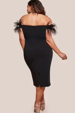 Off The Shoulder Feather Midi Dress - Black by Goddiva Plus