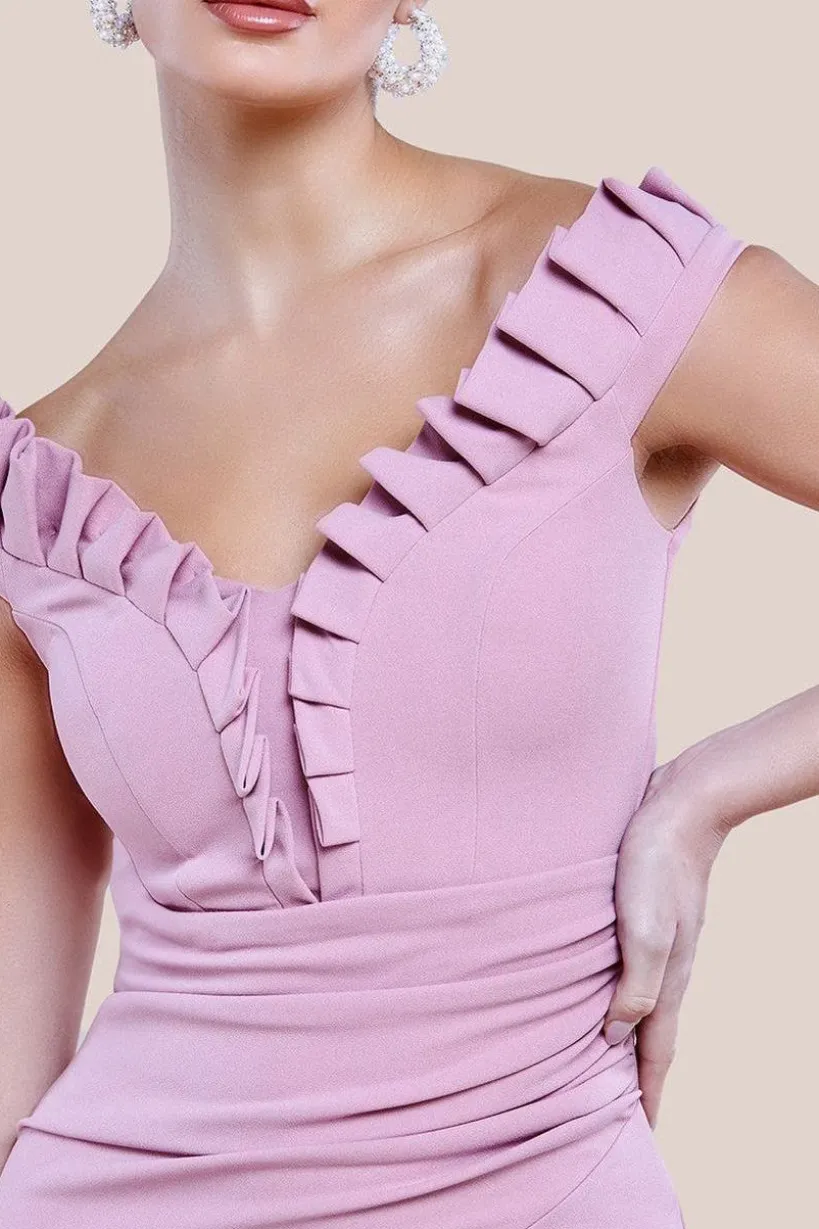 Off The Shoulder Frill Bodice Midi Dress - Rose Pink by Goddiva