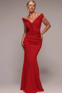 Off The Shoulder Frill Gathered Maxi Dress - Red by Goddiva