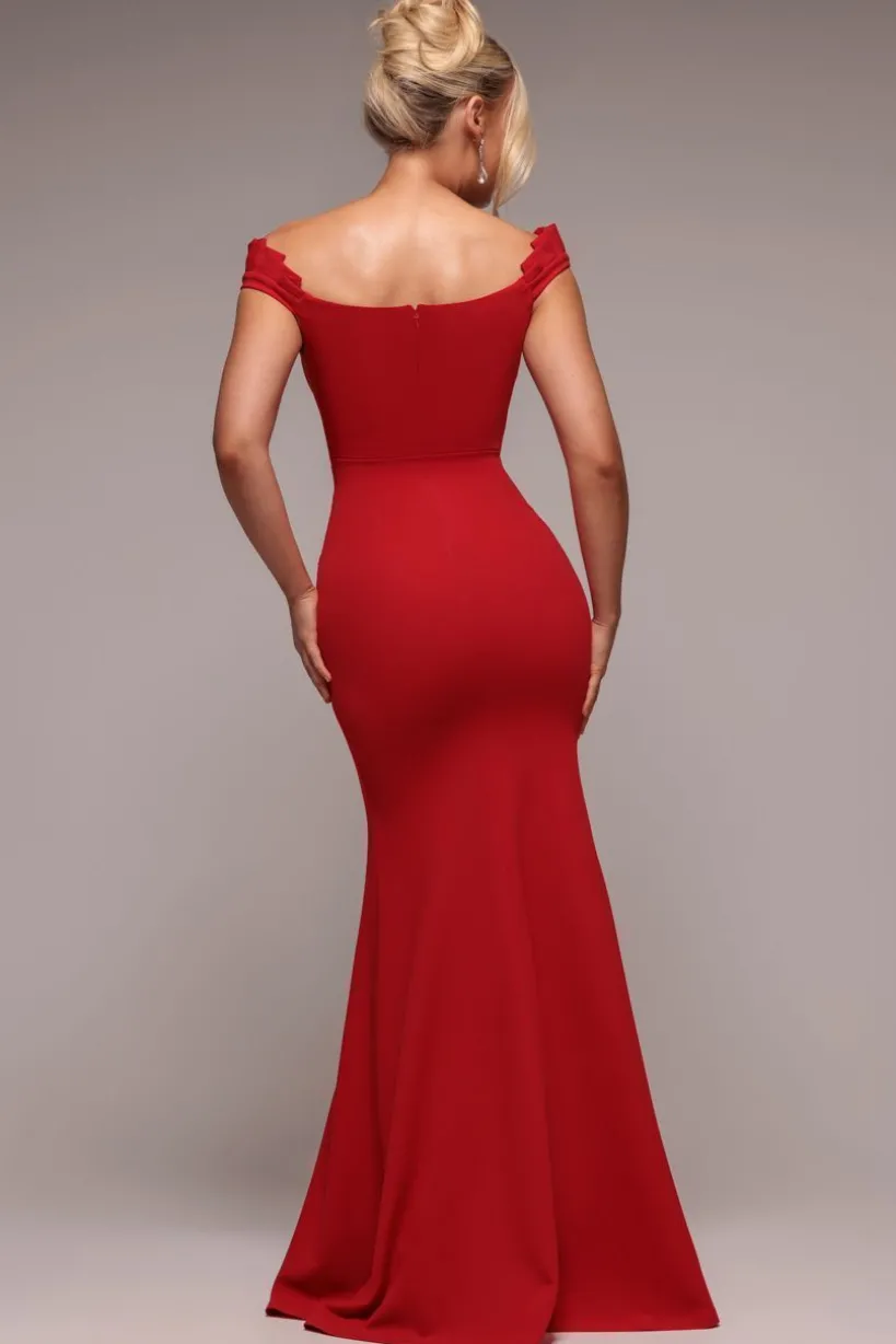 Off The Shoulder Frill Gathered Maxi Dress - Red by Goddiva
