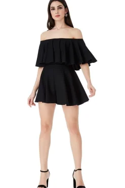 Off The Shoulder Frill Neck Skater Playsuit - Black by Goddiva