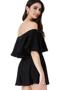 Off The Shoulder Frill Neck Skater Playsuit - Black by Goddiva