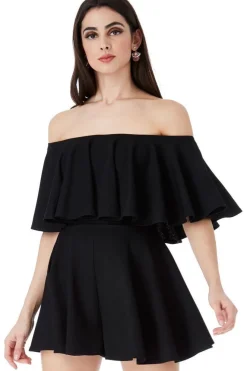 Off The Shoulder Frill Neck Skater Playsuit - Black by Goddiva